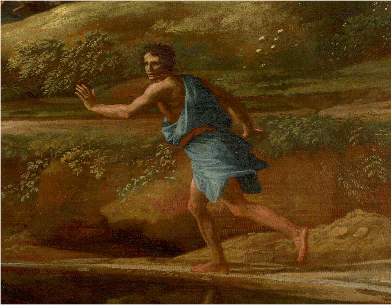 Close-up from the painting of the man in a blue tunic running in terror